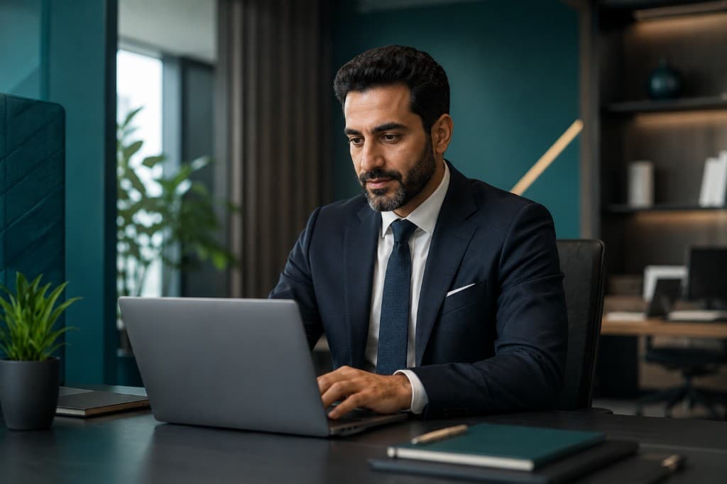 Professional in traditional Gulf attire working on a laptop in a modern corporate office