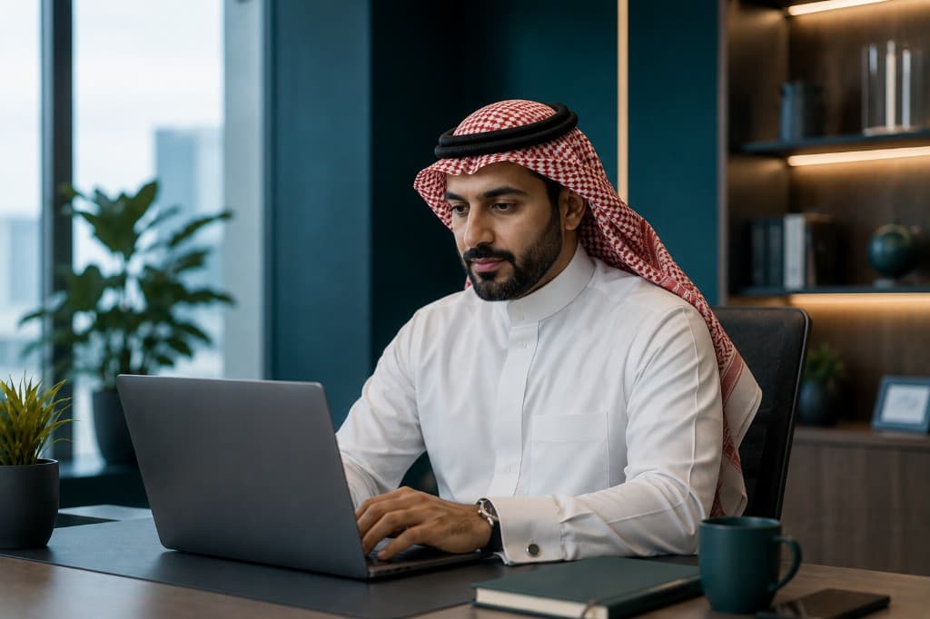 Professional in business attire working on a laptop at a modern desk