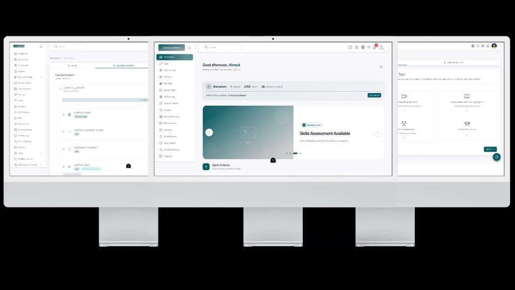 لوحة المتعلّم مع Momentum، وتأليف الدورات، واختيار نوع البرنامج